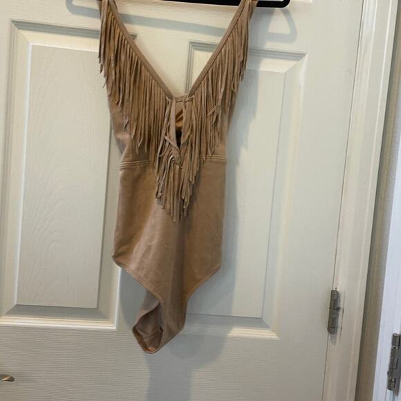 nique Vintage Women’s Fringe Western Life of the Party Suede Swimsuit Sz 1X #69 - Picture 3 of 6